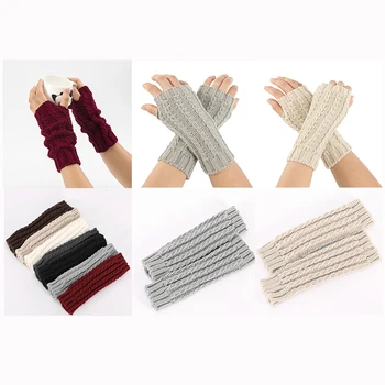 

Womens Mens Winter Chunky Braided Cable Knit Arm Warmers Solid Color Thumb Hole Fingerless Gloves Snow Skiing Outdoor Mittens