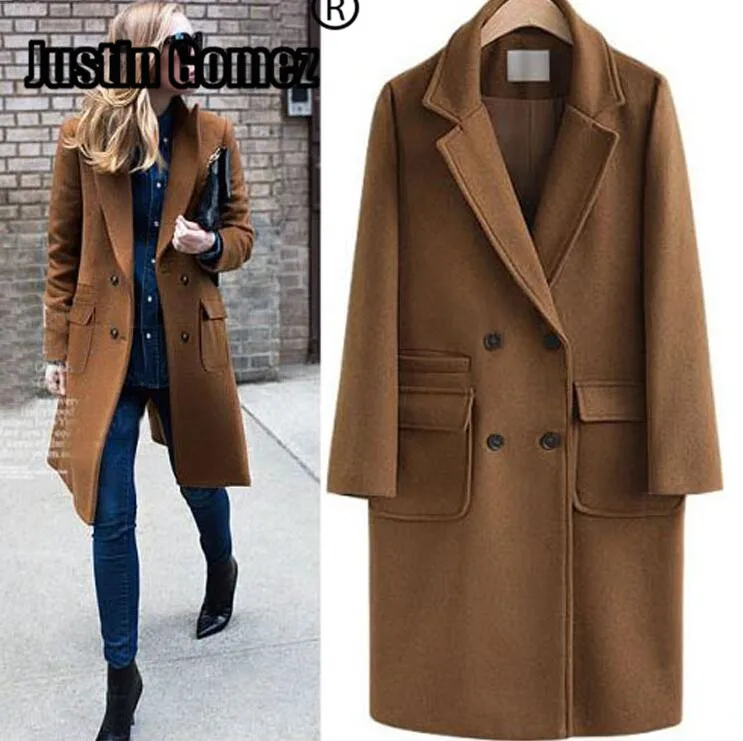 

Vintage Woolen Coat For Work Women Slim Double Breasted Outwear Overcoat Cold Winter Female Long Sleeve Solid Plus Size 5XL Coat