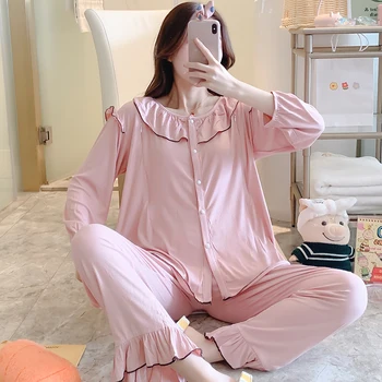 

1628# Sweet Cotton Maternity Nursing Sleepwear Lovely Loose Feeding Pajamas Clothes for Pregnant Women Autumn Pregnancy Lounge