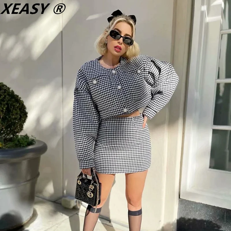 

XEASY 2021 Women Vintage Pearl Button Check Gingham Plaid Tweed Blazer Female High Waist A-Line Mini Short Skirts Suit 2 Set