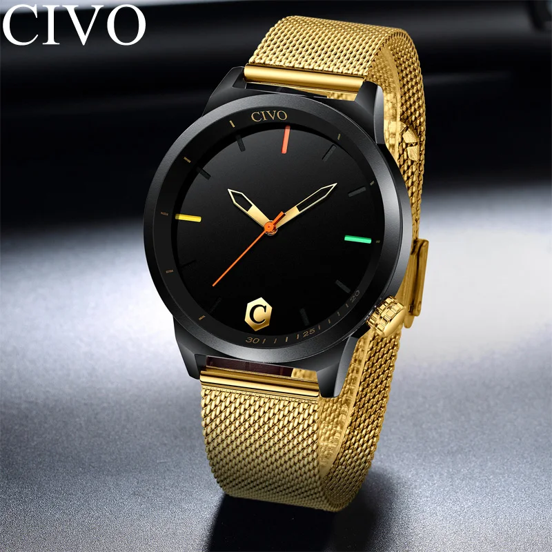 CIVO Роскошные наручные часы для мужчин золотой тонкий сетчатый ремешок минималистичные Кварцевые спортивные часы водонепроницаемые Дата Relogio Masculino