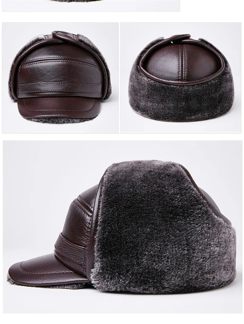 GREENYU Brand Genuine Leather Bomber Hat Men's Thick Warm Outdoor Earmuffs First Layer Cowhide Leather Hat Fur Hats For Man