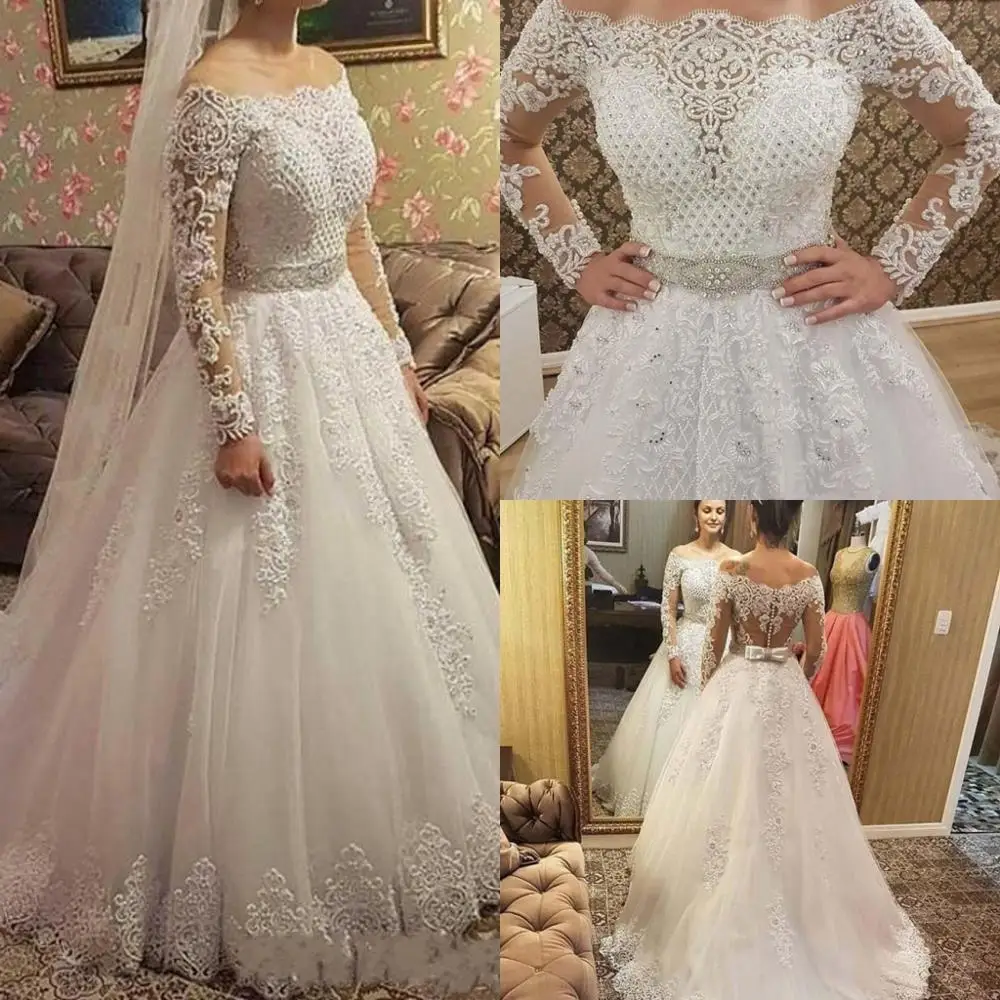 

Luxury Off the Shoulder Arabic Muslim Wedding Dresses 2020 Long Sleeve Full Beads Wedding Gowns Bride Dresses Vestido De Novia