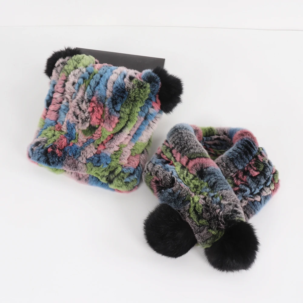 Winter Children Real Rex Rabbit Fur Scarf Hat Sets Knit Warm Child Natural Fur Scarves Hats Good Elastic Kid Real Caps