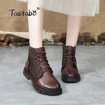 

Tastabo 2019 autumn and winter booties Handmade vintage Martin boots Wearable women's shoes S8026-1 Dark blue Brown Caramel