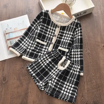 

Baby Girls Clothing Sets Spring Autumn Fashion Small Fragrant Black Plaid Pattern Jacket + Shorts 2PCS Suit Kids Girl Clothes