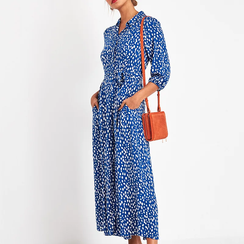 

Beach Dress Boho Floral Printed Tie Waist Summer Holiday Chiffon Long Sleeve Plus Size Slim Maxi Casual pocket Dress Women