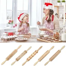 DIY 35CM Christmas Rolling Pin Engraved Carved Wood Embossed Rolling Pin Kitchen Tool Baking Cookies Noodle Biscuit Fondant