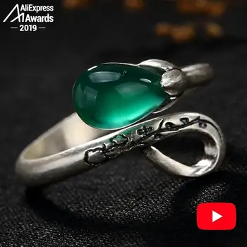 

S925 Fine Antique shop Rings Emerald Luxury Taste Lily Flower Handmade Vintage Natural Chalcedony moldavite peridot