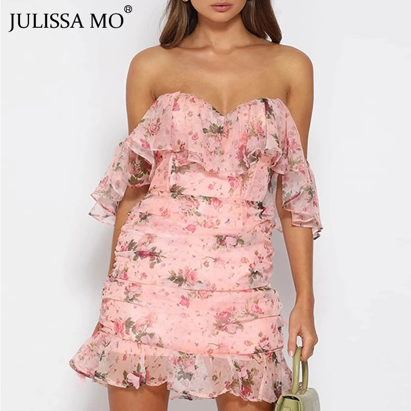 Julissa mo сексуальное платье с открытыми плечами и цветочным принтом женское облегающее короткое платье с оборками на рукавах элегантные женские вечерние платья с открытой спиной Vestidos