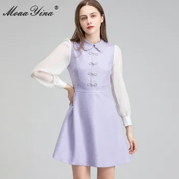 

MoaaYina Fashion Designer dress Spring Women's Dress Beaded turn-down collar Long sleeve Sweetheart Elegant Dresses