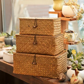 

Handmade Straw Woven Storage Basket with Lid Makeup Organizer Storage Box Seagrass Laundry Baskets Rattan Jewelry Box