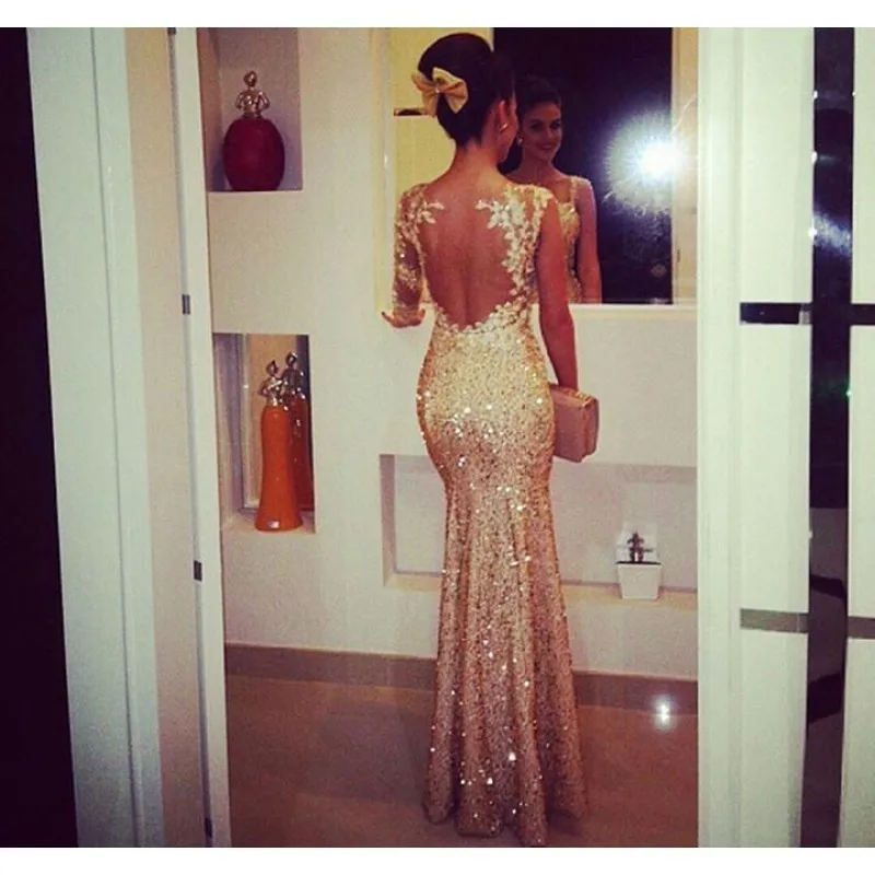 

Sexy Nude Back Champagne Sequins Mermaid Long Prom Evening Gown Appliques 2018 Off The Shoulder mother of the bride dresses