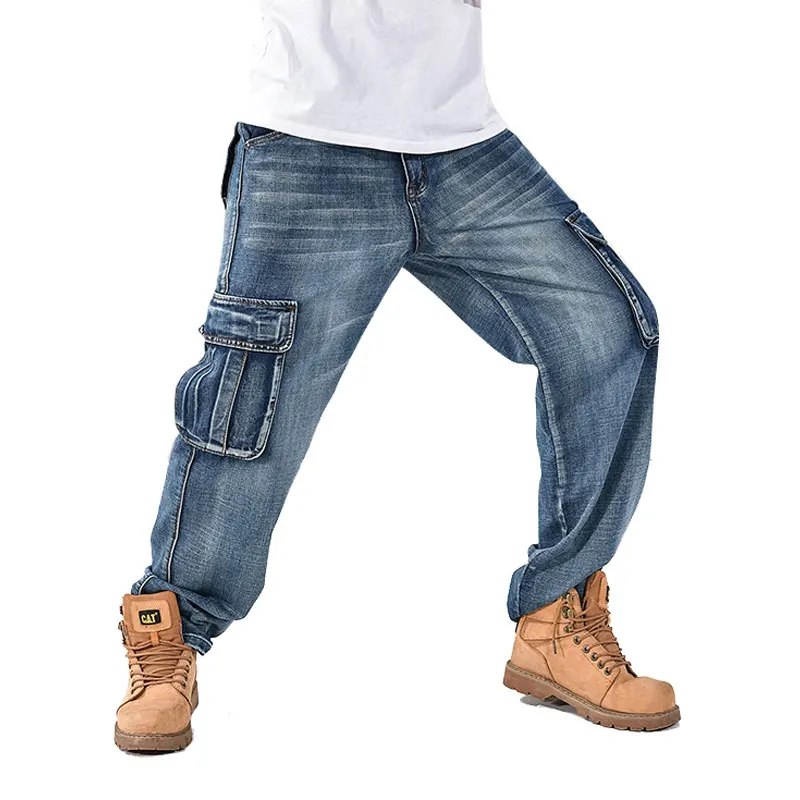 

Jeans Men Multi-Pocket Men's Blue Jeans Streetwear Loose Large Size Hip Hop Denim Pants Biker Jeans