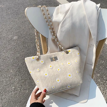 

Daisy Flowers Rattan Handbags for Women Fashion Chain Ladies Straw Shoulder Bags Summer Travel Beach Tote Bags Bolsa Feminina