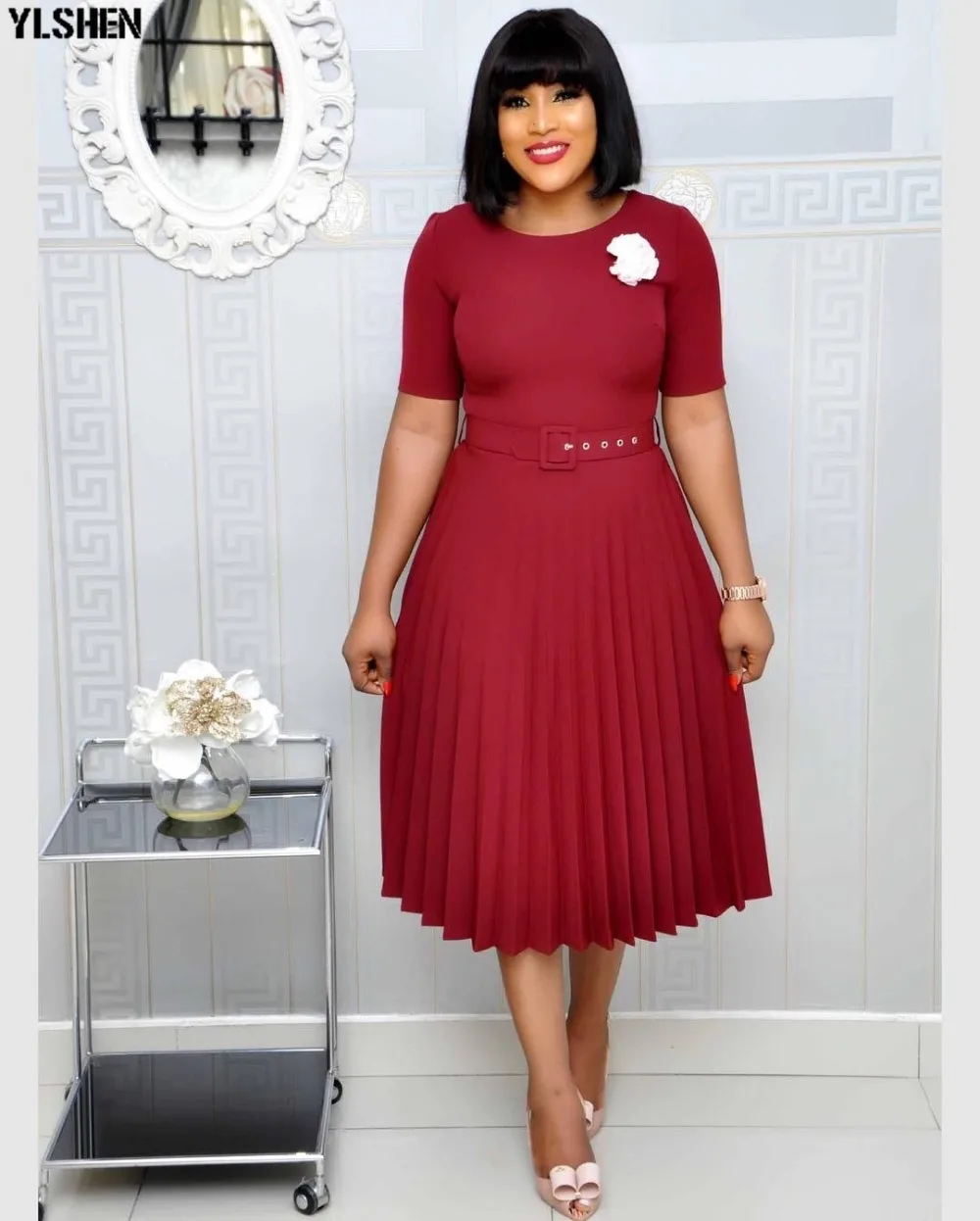 Pleated African Dresses For Women 2020 Elegent Fashion Style African Women Plus Size Polyester Knee-length Dress S-3XL 03