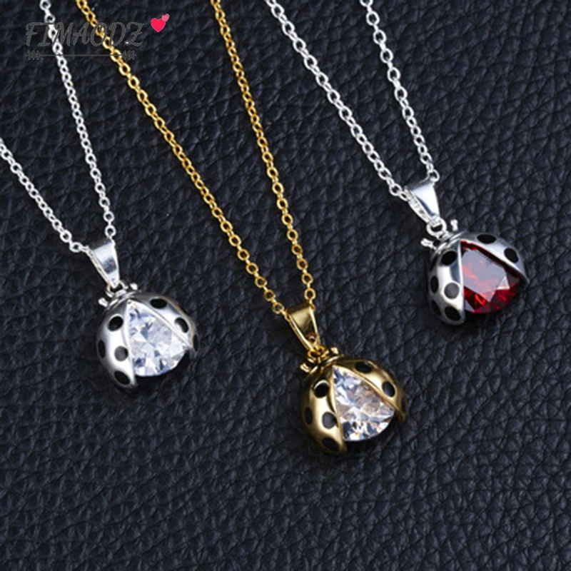 FIMAODZ Fashion Tiny Ladybug Necklace Red Insect 3 Color Sweater Chain Cute Crystal Pendant Long Necklaces Kids Birthday Gift | Украшения и