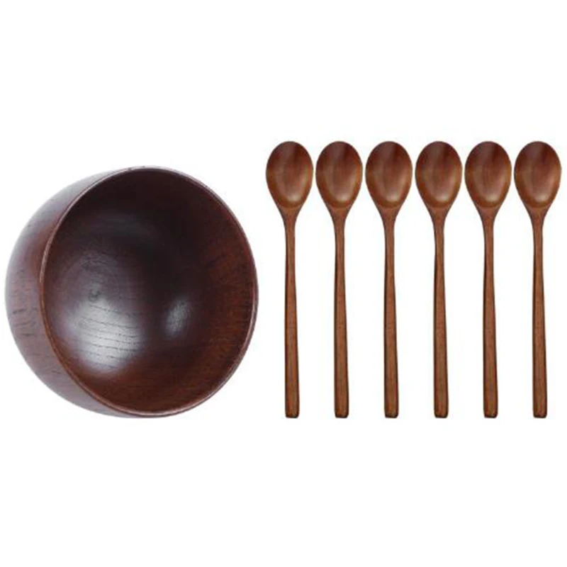 Wooden Bowls Soup Bowl & Spoons 6 Pieces Wood for Eating Mixing Stirring Cooking Long Handle | Дом и сад