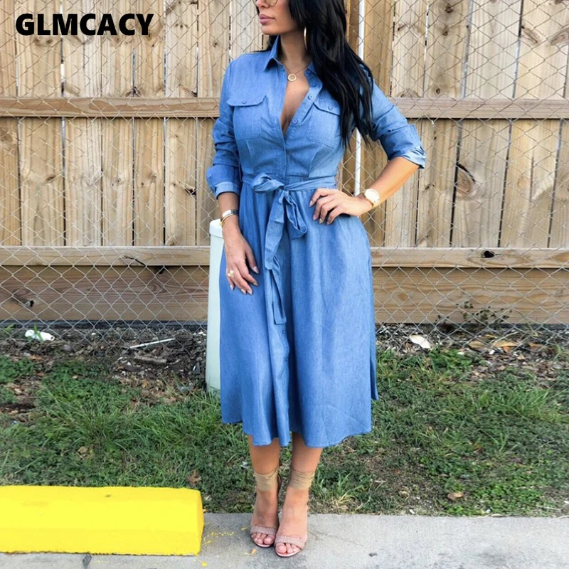 

Women Button Down Long Sleeve Wrap Belt Denim Dress Midi Elegant Spring Fall Pockets Design Casual Dress