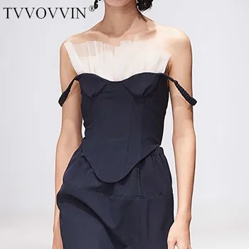 

TVVOVVIN 2020 New Summer Ruffles Pleated Straps Sexy Cover Short V-neck Off The Shoulder Vest Fashion N5NF
