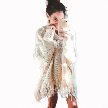 

Solid striped streetwear Women long Sweaters 2019 Winter Turtleneck Knitwear Sweater Oversized Tassel Knitted Pullovers Jumpers