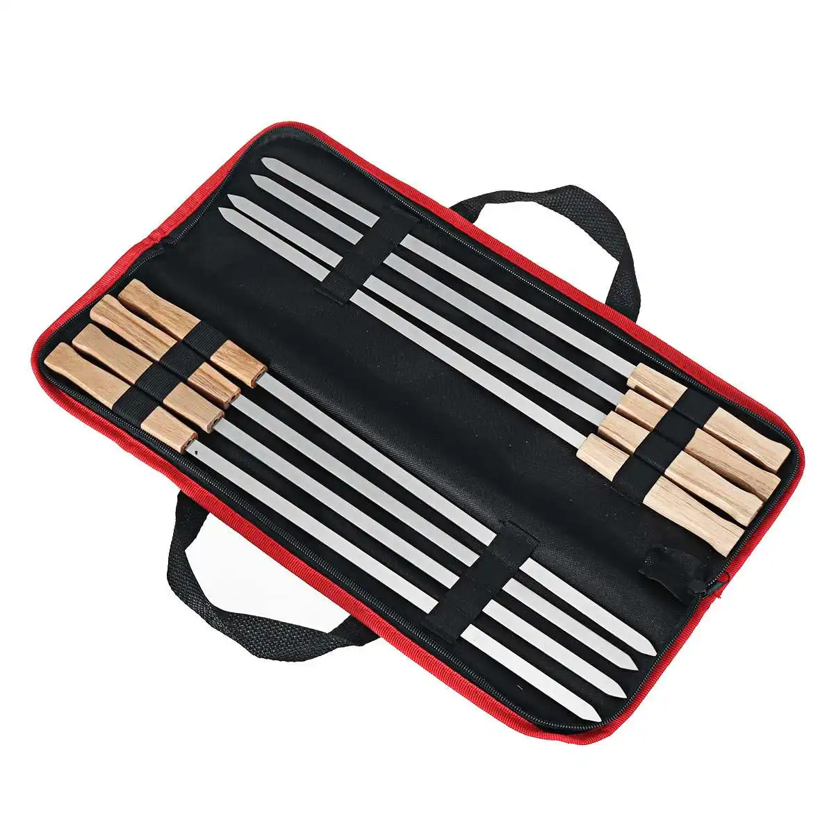 6-8PCS/Set Stainless Steel Wire BBQ Skewers Wood Handle Grill Roasting Sticks Outdoor Camping BBQ Tools Storage Bag Kit