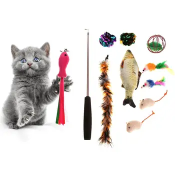 

11Pcs Pet Cat Toys Set Retractable Teaser Wand Catnip Fish Feather Balls Mice Toy