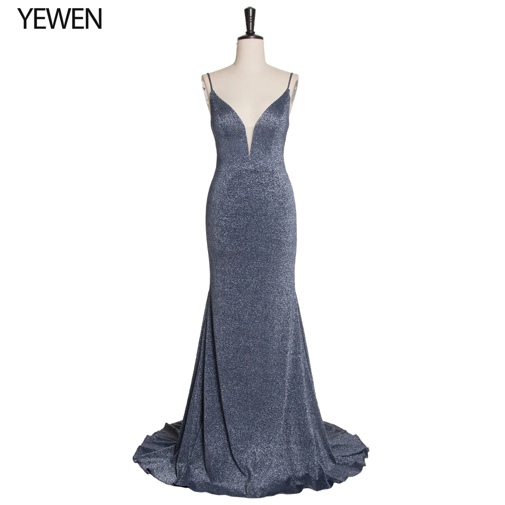 

Grey Backless Mermaid Prom Dress Long 2020 Deep V neck Elegant Evening Gown Sweep Train formal Dresses vestidos de fiesta