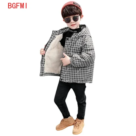 2-7 Years boy Children's Outwear Tops Coat Boys Baby Plush Thickening Hooded Cotton Black Lattice Jacket For Kids Clothes