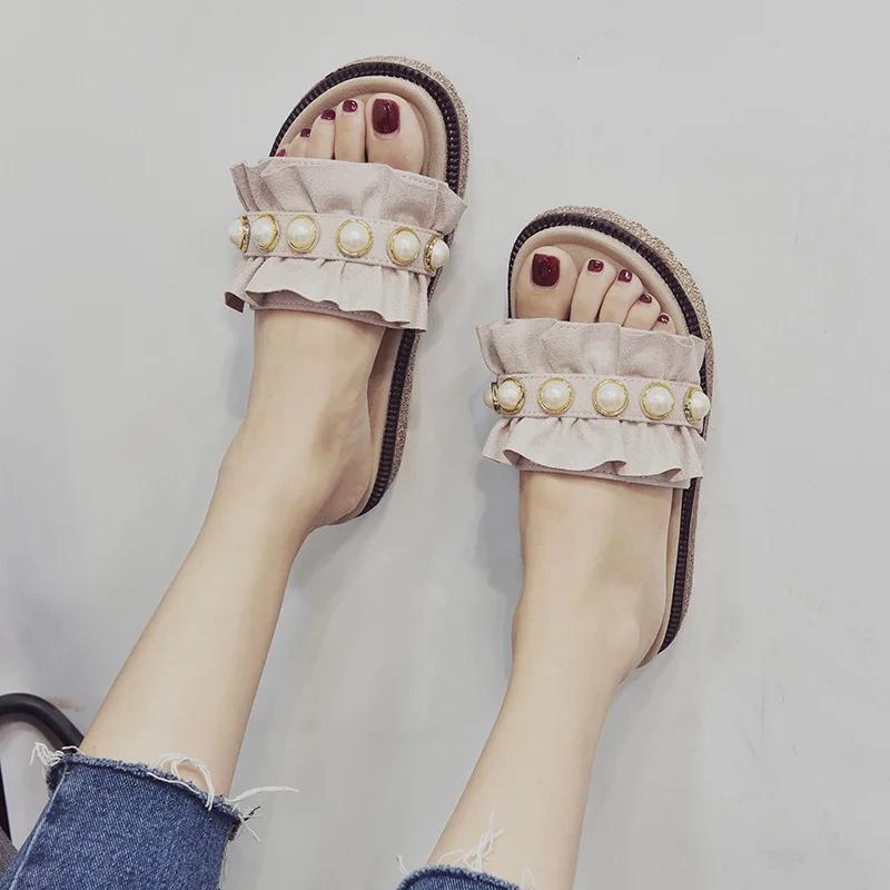 

2019 Spring And Summer Platform Heel Suede Sandals Women's Flounced Korean-style Sandals Women's Anti-slip Pearl WOMEN'S Shoes