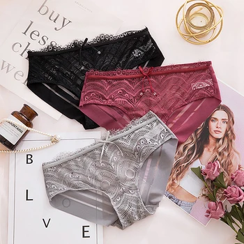 

Women Lingerie Summer Sexy Lace Ice Silk Thin Breathable Briefs Underwear Solid Color Low Waist Traceless Panties