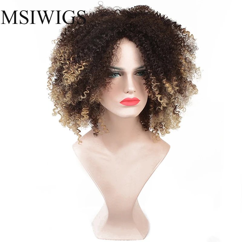 MSIWIGS короткие пушистые кудрявые средняя часть синтетические Омбре волосы парики для женщин блонд смешанный коричневый цвет