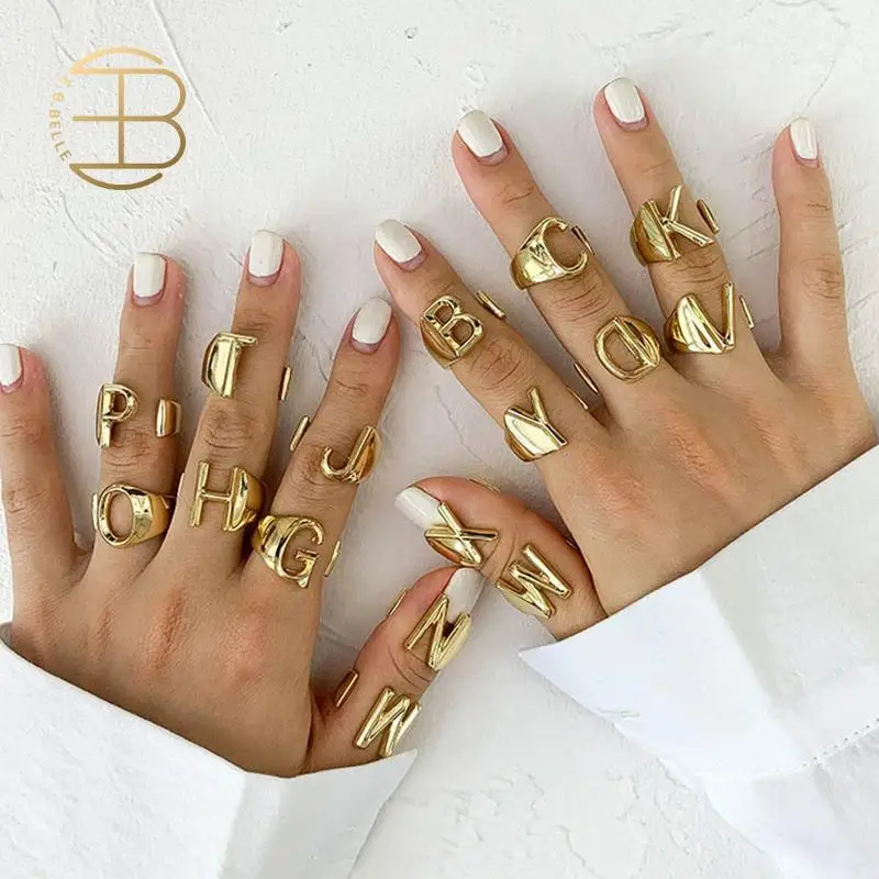 2020 New Adjustable Open Ladies Meaningful Gold Initial Rings Jewelry Gift Chunky A-Z