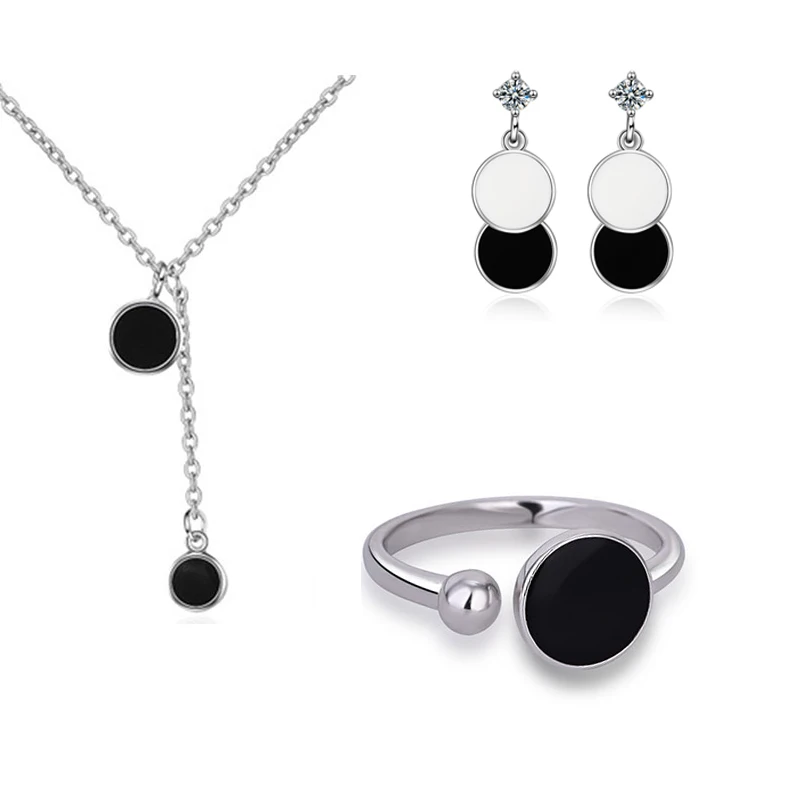 XIYANIKE, 925 пробы, серебро, новинка, модные подвески, Черное круглое ожерелье+ серьги+ кольцо, корейские Ювелирные наборы для женщин, подарок - Окраска металла: VRS2432VES7349