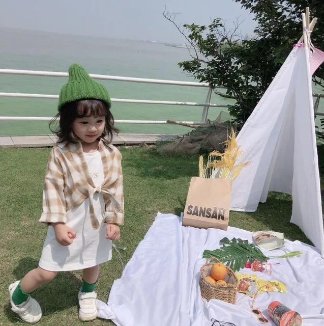 pic Стильный комплект из 2 предметов для девочек, клетчатая рубашка+ платье, Осенняя детская одежда, костюмы для девочек 1-6 лет - Цвет: pic