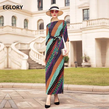 

Striped Print Long Dress 2020 Spring Style Women O-Neck Belt Patchwork Sexy Back Split Ankle Long Vintage Retro Dress Female