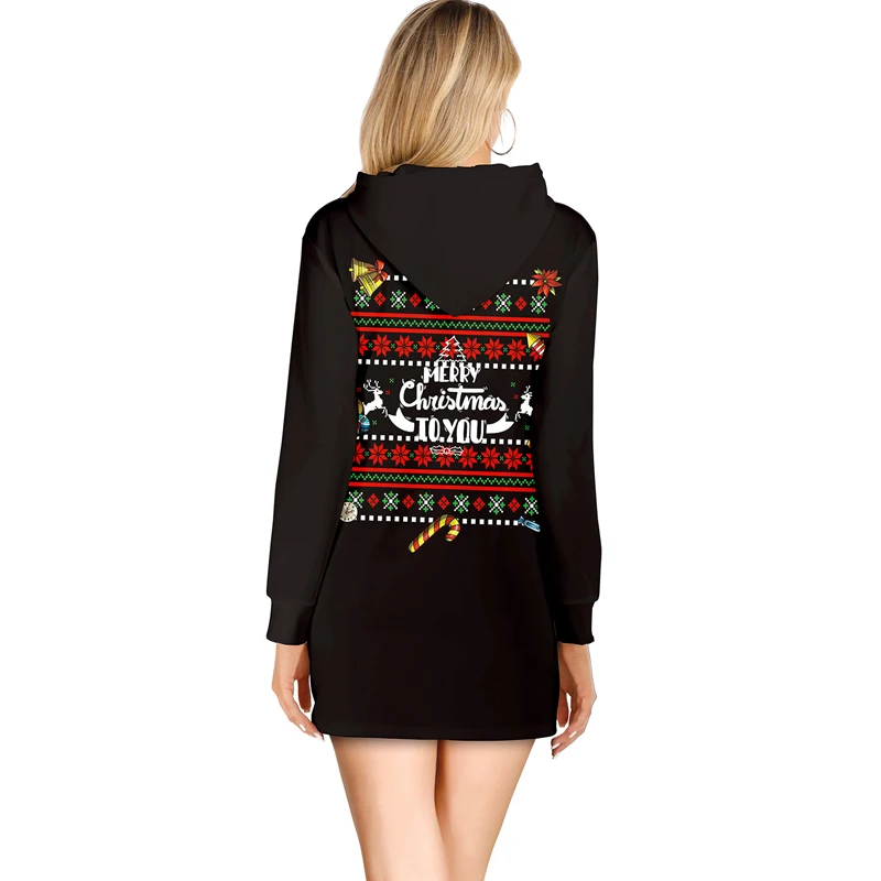 Lossky свитер платье Женская длинная Рождественская одежда Санта принт черные топы пуловер с длинными рукавами толстовки женские Осень Зима