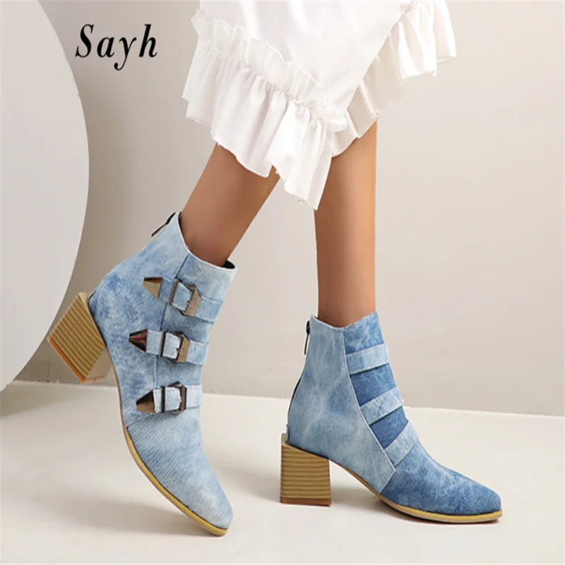 New Winter Women Boots Cowboy Denim 