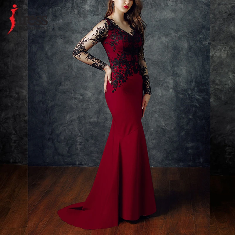 IDress High Quality Elegant V Neck Evening Mermaid Wedding Party Dress Sexy Lace Patchwork Dress Full-Length Maxi Long Dress (11)