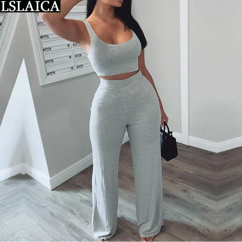Повседневный Топ без рукавов и длинные брюки однотонный облегающий спортивный