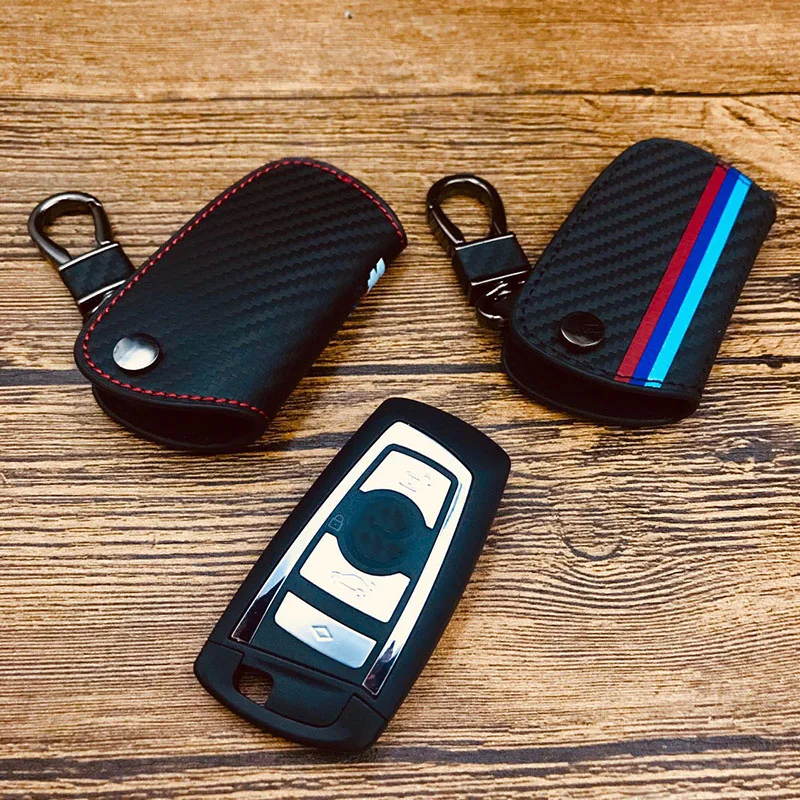 

M-Colored Stripe Car Key Holder for BMW F10 F30 X4 M4 X3 G30 Carbon Fiber Leather Smart Key Holder with metal hook Key chain