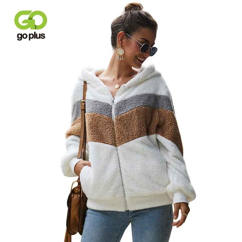 

GOPLUS Faux Fur Fluffy Sweatshirt Striped Hoodies Long Sleeve Cardigans Autumn Winter 2019 Streetwear Oversized Sudadera Mujer
