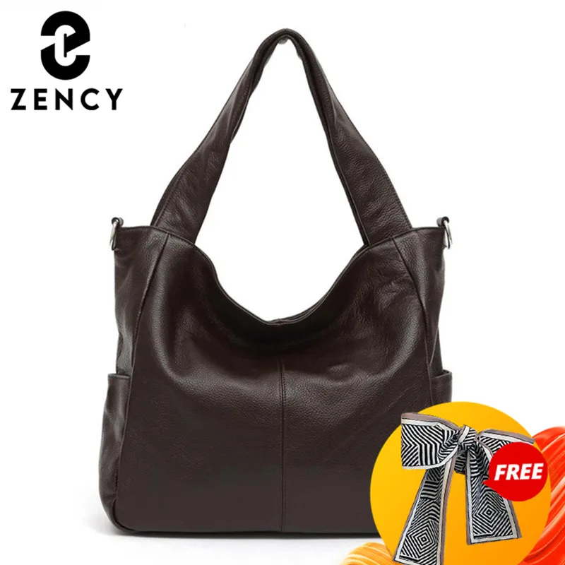 Zency Fashion Women Shoulder Bag 100% Genuine Leather Elegant Lady Messenger High Quality Shopping Bag Tote Hobos Black Coffee