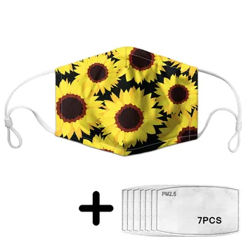 

Black Face Mask with Yellow Sunflowers Print for Kids Girls Daily Reusable Dust-proof Mouth Masks Custom and 7pcs PM2.5 Filters