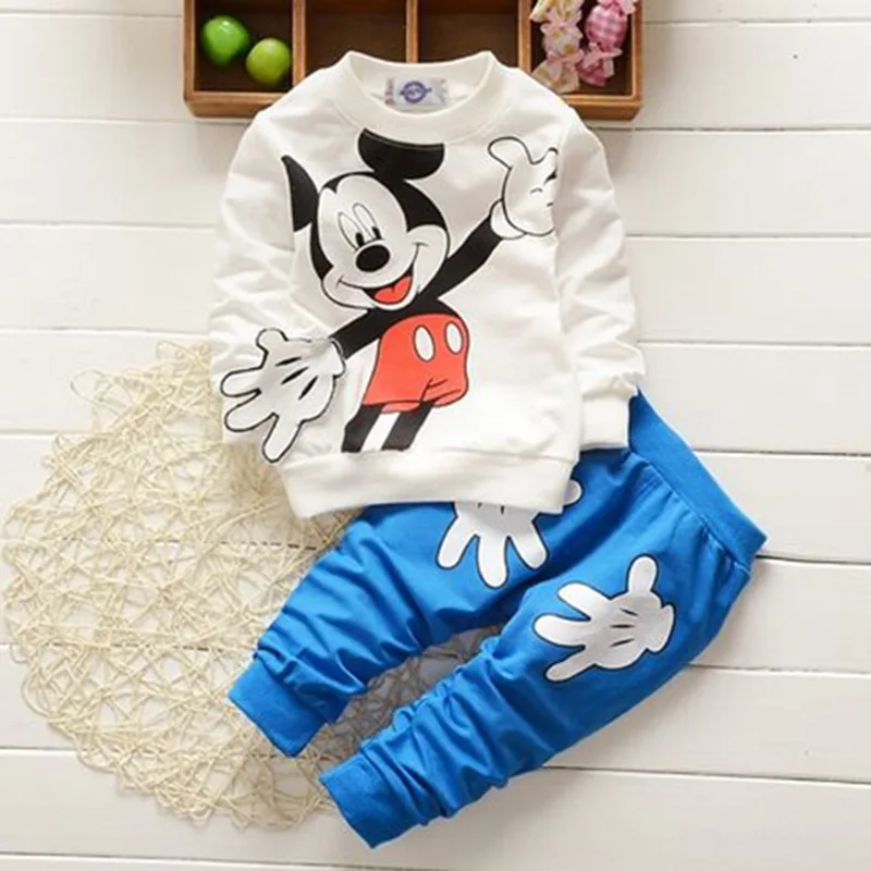 Новая весенне-осенняя одежда для маленьких мальчиков футболка с длинными рукавами и рисунком Микки Мауса+ штаны, комплект из 2 предметов, Детский костюм для малышей Детская одежда для младенцев