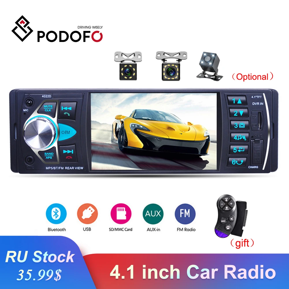 

Podofo 4022D Car Radio 1 din 4.1 inch Auto Audio Stereo Bluetooth FM USB Support Rear View Camera USB Steering Wheel Control