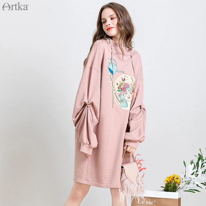 Женское платье с капюшоном ARTKA розовое Повседневное из 100% хлопка длинным рукавом