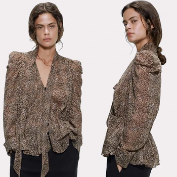 

ZA 2020 Leopard Sexy Women's Print Blouse Stand Collar Shirt Bow Puff Long Sleeve Stretch Waist Shirt with V-neckline