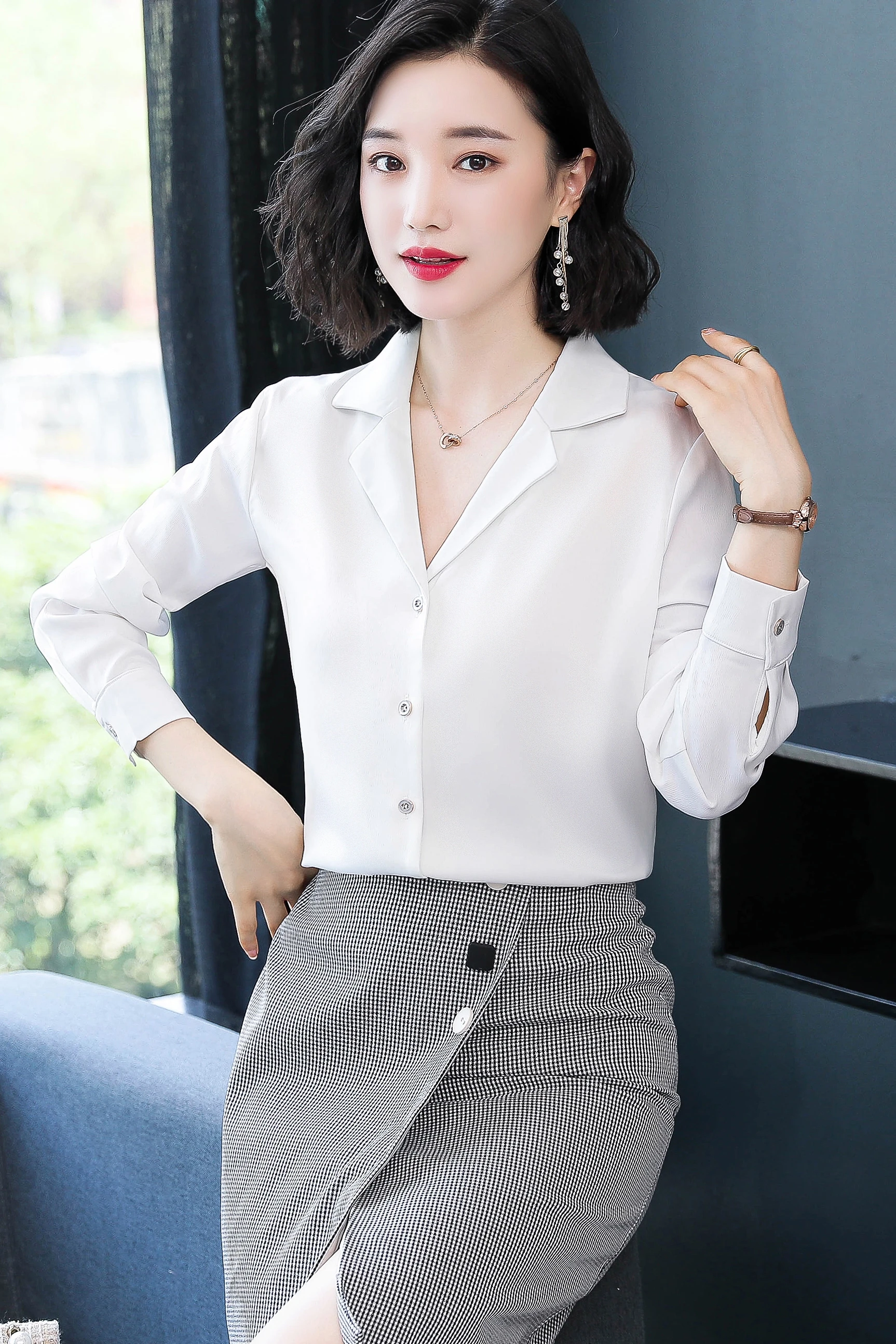 Корейские модные шелковые женские блузки однотонные розовые женские рубашки с длинным рукавом плюс размер XXXL Blusas Femininas Elegante женские топы