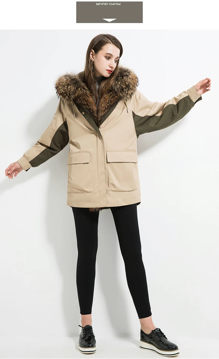 Fur Parkas Plus Size Real Raccoon Fur Collar Plocket Hooded Rabbit Fur Lining Coat Women Winter Casual Oversized Warm Outwear
